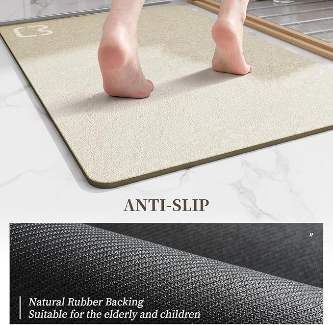 RUERYA Beige Long Bathroom Rugs Large Stone Bath Mats for Bathroom,16"x47" | Non Slip Rubber Backed Quick Dry Super Absorbent Diatomaceous Earth Bath Mat Extra Long Thin Diatomite Bathroom Mat Runner