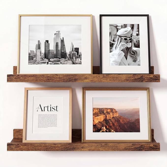 Brown Picture Ledge Shelves for Wall, 4.5" Deep Wood Floating Shelves with Lip for Bedroom, Living Room, 16" Width, Color Brown Set of 2