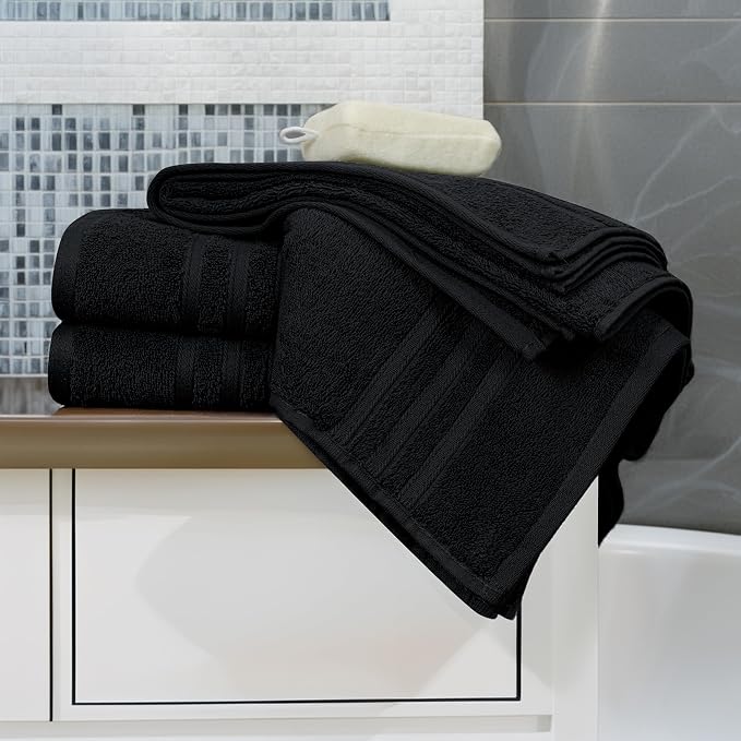 4 Piece Bath Towels 27x54 Inches, Black | 100% Cotton, Lightweight & Quick-Dry, Ideal for Daily Bathroom Use, Practical & Comfortable