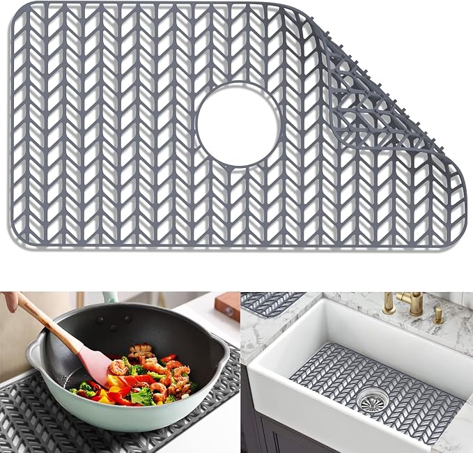 Sink Protectors for Kitchen Sink 12"13"16"18"19"24"26"28"29"30",Silicone kitchen sink mats protector for bottom of farmhouse sink(26"x14"Center Drain Gray) | Protector for sinks and dish,Food-grade silicone,Non-slip and raised feet,Withstand to 500F,Di...