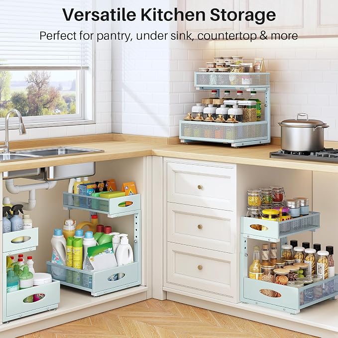 Under Sink Organizer, 2 Tier Pull Out Under Cabinet Organizer Shelf with Pad for Framed Cabinets, Metal Slide Out Under Sink Storage, Mesh Sliding Drawers for Kitchen Bathroom Laundry(Blue, 1 Pack)