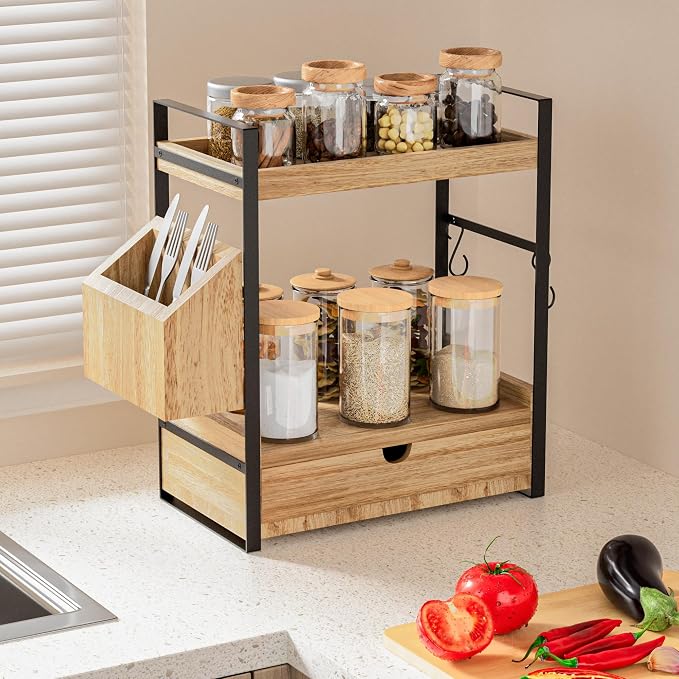 2-Tier Bathroom Counter Organizer, Wooden Vanity Shelf with Drawer & Basket | Pre-Drilled Holes, Skincare & Makeup Countertop Organizer and storage