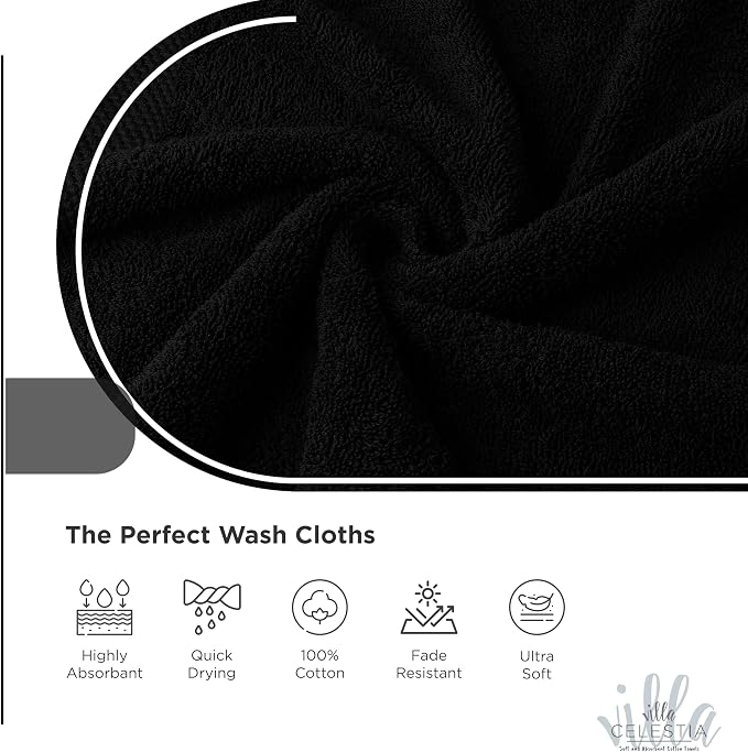 Villa Celestia Cotton Washcloths Set of 6, 12x12 Inch, 100% Ring-Spun Combed Cotton, Soft Absorbent Quick-Dry Wash Cloths for Face and Body, Oeko-TEX Certified, Hotel & Spa Quality, Black