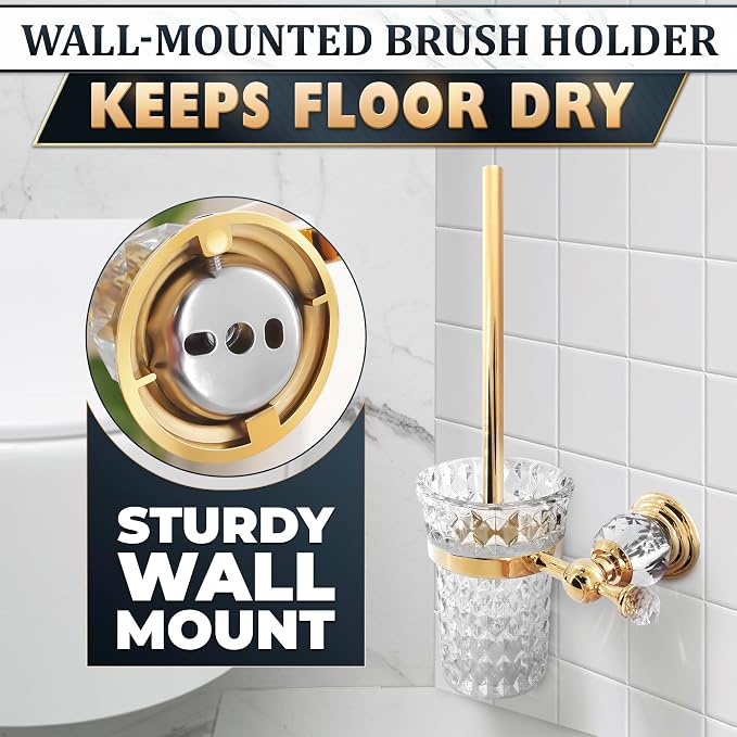 Wall-Mounted Toilet Brush and Holder Set, Clear Bowl (Gold Crystal) | Toilet Bowl Brush and Holder Set, Polished Gold Handle, Space-Saving Wall Mount, Stainless Steel Body, for Elegant Bathrooms