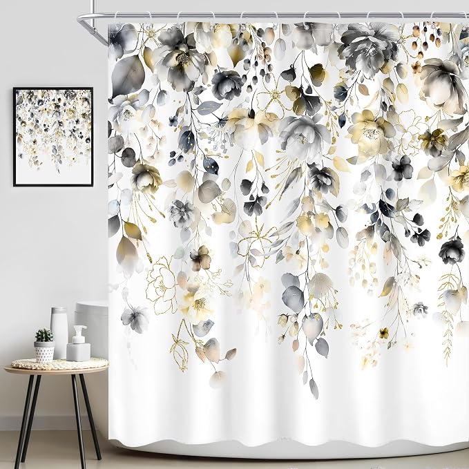 Yellow Grey Floral Gray Pastel Rustic Bathroom Shower Curtain Set | 72"W x 72"L Flower Eucalyptus look, waterproof HD printed shower curtain, quick-dry fabric and free hooks.