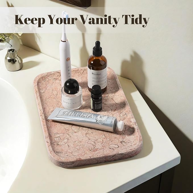 Marble Tray, 12"x8" Natural Marble Vanity Tray for Countertop Bathroom Kitchen Dresser, Decorative Catchall Trays for Perfume Jewelry, Rectangular Stone Serving Tray(Pink)