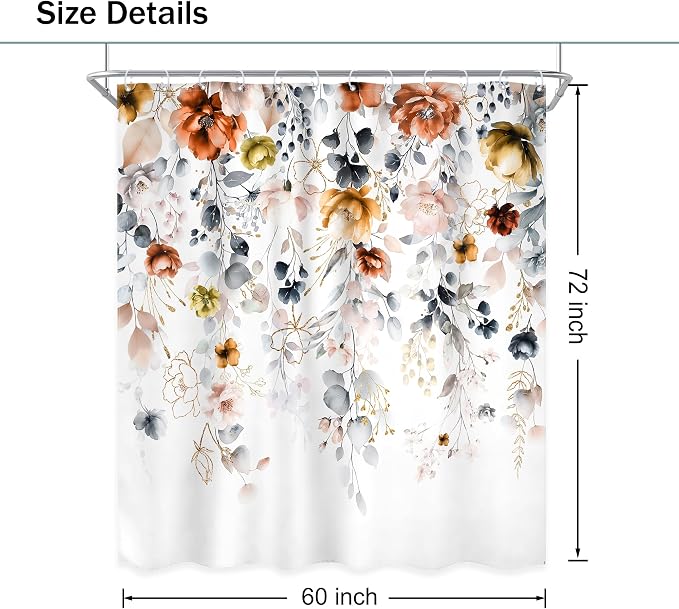 Yellow Orange Floral Pastel Watercolor Rustic Bathroom Shower Curtain Set | 60"W x 72"L Flower Eucalyptus design with waterproof HD artwork, quick-dry fabric and hooks for easy hanging.
