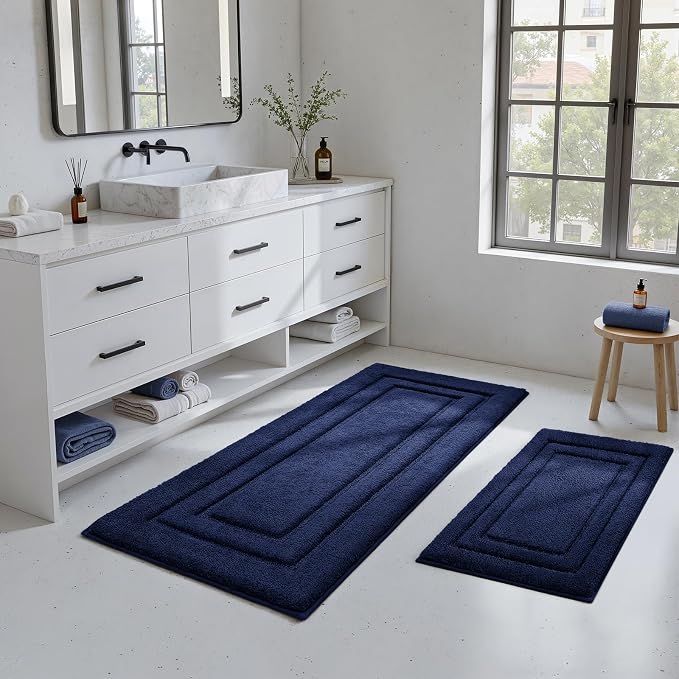 HOMEIDEAS 2 Pieces Large Bathroom Rug, Super Soft and Absorbent Long Rugs, Non Slip and Microfiber Bath Mat for Bathroom Decor (20"x47"+16" x 24", Navy Blue)
