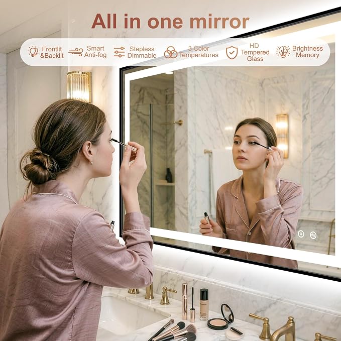 LED Bathroom Mirror with Lights, 24"x36" Black Framed Lighted Vanity Mirror | Anti-Fog, Dimmable 3 Color Temperature, Front & Backlit, Memory Function, Shatterproof Tempered Glass