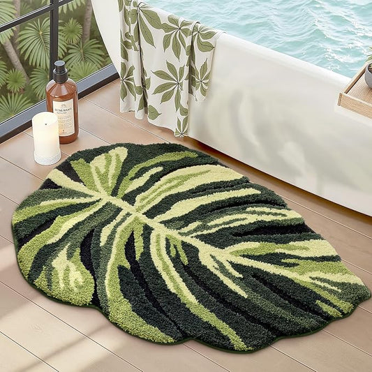 LUMI Cute Bathroom Rug Green Leaf, Absorbent Non Slip Bath Mat, 24"x32" | Dark Monstera Plant, Soft Plush Microfiber, Quick Dry, Washable for Shower Floor, Sink Bathtub, Bedroom, Kids Room