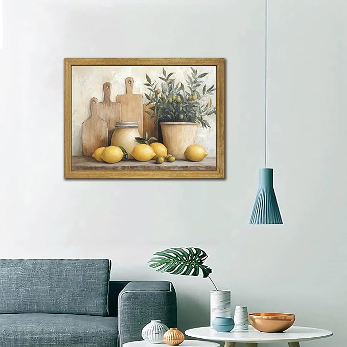 Wood Framed Vintage Kitchen Wall Art, Yellow Lemon Still Life Wall Decor Oil Paintings, Rustic Farmhouse Artwork Canvas Posters Prints Pictures for Living Room Bedroom Home Decor 16x24 Inch