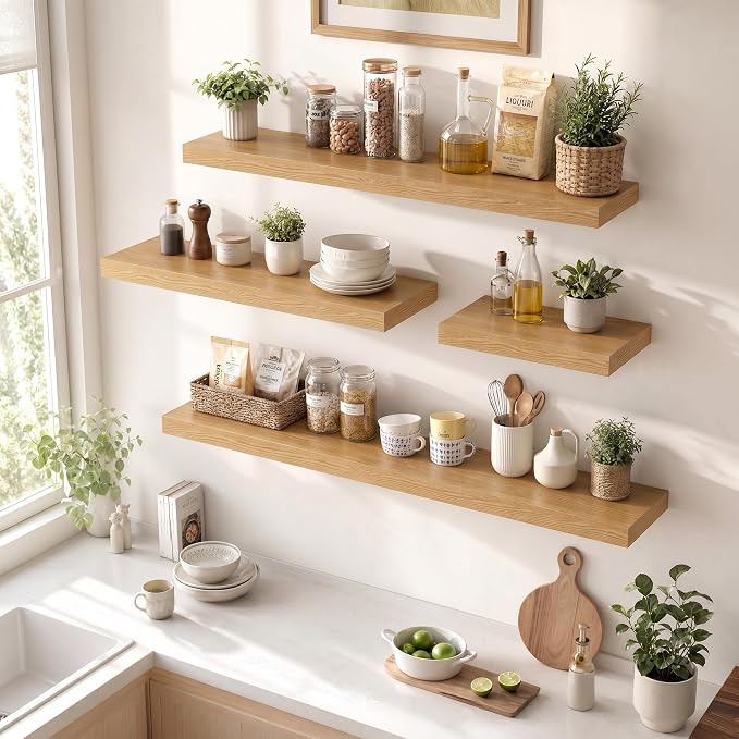 12 Deep Floating Shelves for wall,48 Inch Extra Long Large Wall Shelves Set of 2,2 Inch Thick Heavy Duty Floating Wall Mounted Shelves,Floating Shelf for Fireplace Mantel,Oak Color