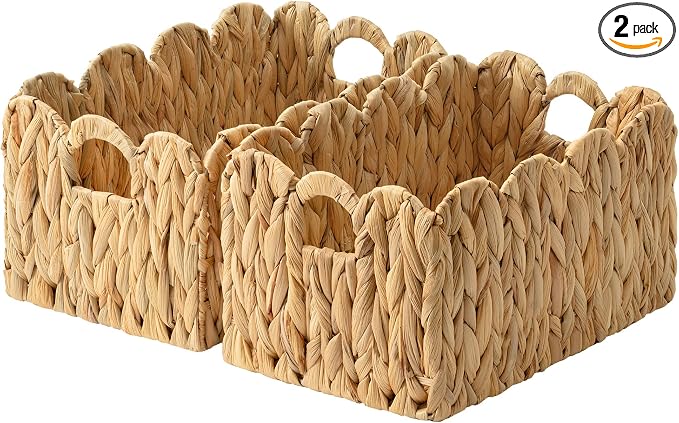 GRANNY SAYS Storage Baskets for Shelves, Wicker Basket with Scalloped Edge | Scalloped Water Hyacinth Basket, Storage Wicker Basket for Pantry, Water Hyacinth Baskets with Scalloped Edge, Woven Baskets