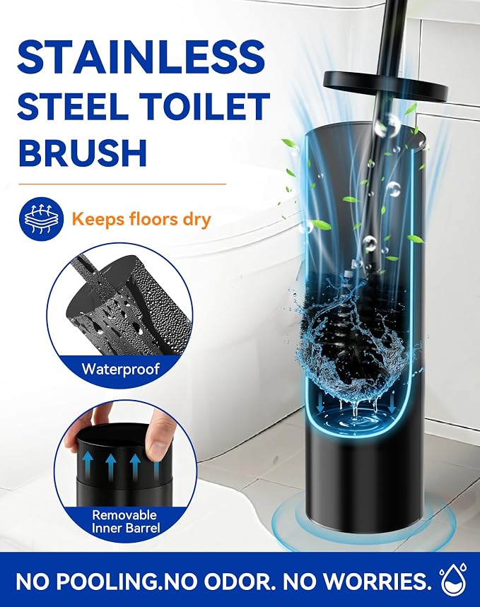 Dowry Toilet Bowl Brush and Holder Set for Bathroom | Deep Cleaning with Long Handle Hidden Toilet Bowl Scrubber with Replaceable Head Modern Decor Black Round