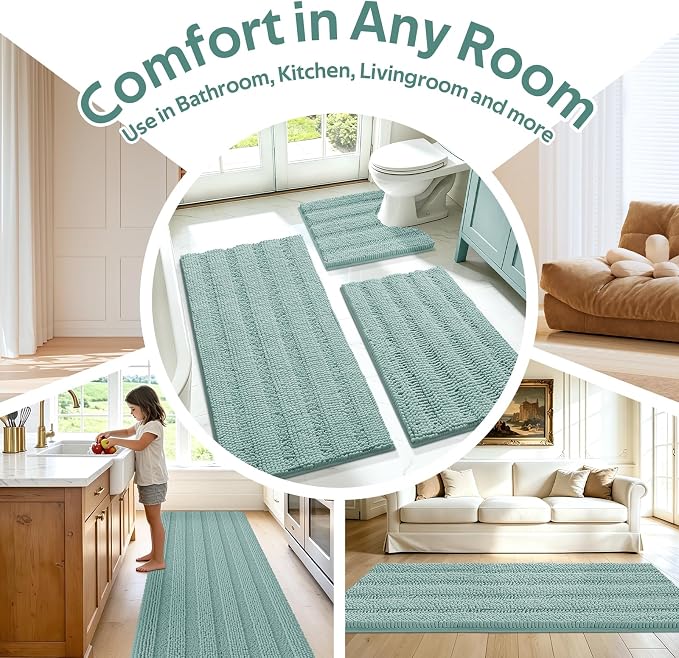 Christmas Striped Eggshell Blue Bathroom Rug Set 3 Pieces Ultra Soft, Non Slip Chenille Bath Carpet, Absorbent Plush Shaggy Bath Mats for Bathroom, Toilet, Bedroom, Kitchen