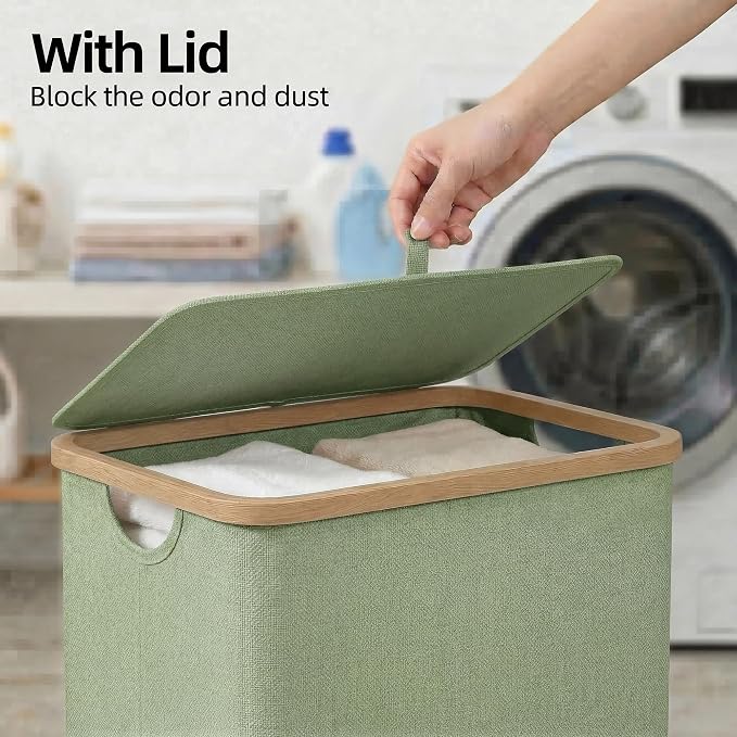 efluky 26 Gal Laundry Basket with Lid and Net Bag, Tall Laundry Hamper with Bamboo Handles, Aesthetic Dirty Clothes Bin for Laundry Room, Bathroom, Bedroom and Dorm, Green