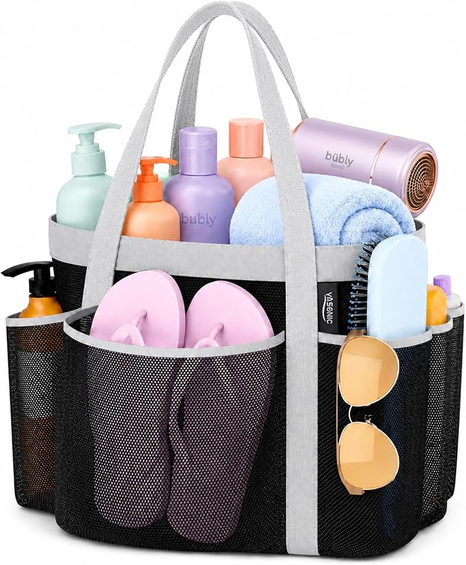 Double Handles Mesh Shower Caddy Portable for College Dorm Essentials, 8 Pockets Large Capacity Shower Organizer for Girls, Quick-Dry Hanging Toiletry Bag for Bathroom Travel, Black&Grey