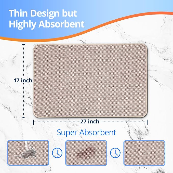 Upgraded Bath Mat 17x27Inch, Thin Bath Mats Rugs with Rubber Backing Non-Slip, Absorbent,Quick Dry Machine Washable, Home Decor Accessories Cozy Cloth Bathroom Rugs fit Under Door/Sink/Tub-Biege