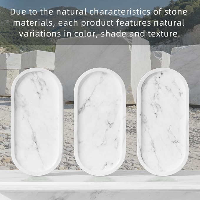 Decorative Trays with Natural Patterns,9.8x4.7x0.7in,Carrara White | Pure Marble Vanity Tray with Anti Slip Foot Pads, Polishing Pallet,Elliptical Stone Bathroom Organizer,Platter for jewelry