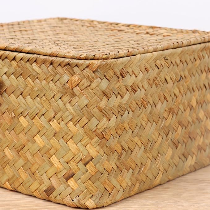 Moosky Wicker Shelf Baskets with Lid, Handwoven Seagrass Storage Basket Bins Square Gift Boxes for Shelves Home Decor Organizer (Natural, Small)