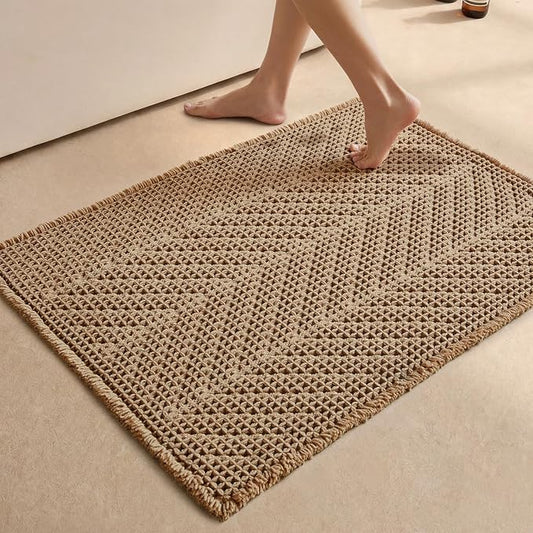 Sunfly Boho Bathroom Rug, Herringbone Waffle Bath Mat Non-Slip Washable Super Absorbent Quick Dry, Farmhouse Bath Mat for Bathroom Floor Decor 24"*36" Khaki