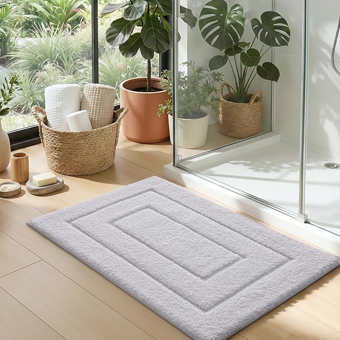 DEXI Bathroom Rugs 43x24, Non-Slip and Absorbent Bath Mat, White | Machine Washable, Soft Plush Microfiber Bathmat with Rubber Back, Quick Dry Rug for Shower, Tub, Sink
