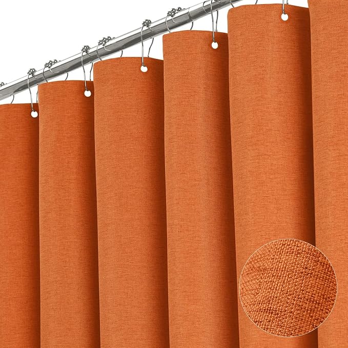 54x78 Linen Textured Waterproof Fabric Shower Curtain, Burnt Orange | Narrow Long Size, 230GSM Polyester, Heavy Duty Cloth, Weighted Hem, 10 Hooks, Modern Luxury Hotel Style, Machine Washable