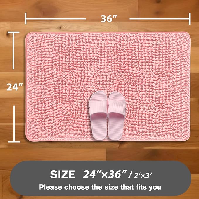 Pink Bathroom Rugs – Absorbent and Washable Bath Mat, Non-Slip, Thick Soft Chenille Bath Rugs for Bathroom Floor, Shower, Sink - 24" x 36"