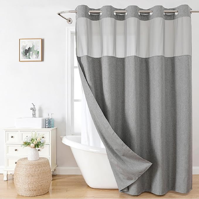 eachope No Hook Linen Texture Shower Curtain with Snap-in Liner,71x74 Gray | 230GSM Thick Fabric,Hotel Luxury Decor,Mesh Top Window,Magnetic Weighted Hem,Waterproof & Machine Washable,for Bathroom