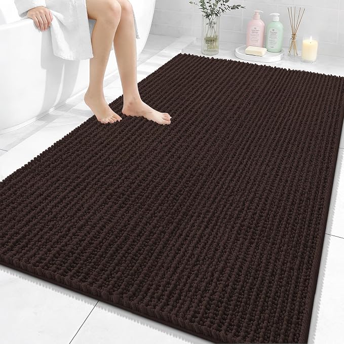 OLANLY Large Bathroom Rugs 59x35, Thick Soft Absorbent Chenille Bath Rugs | Brown, Quick-Drying Rubber Backing, Shaggy Bath Mat, Machine Washable for Floor, Tub and Shower, Home Decor Accessories