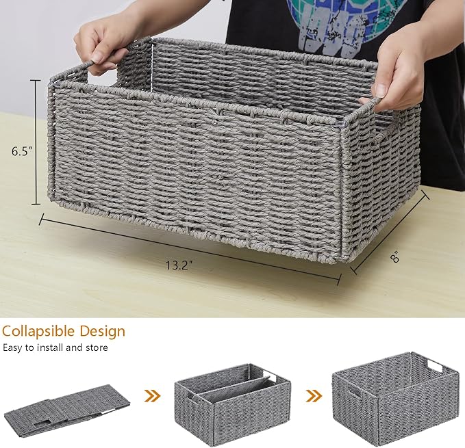 Wicker Storage Basket, Set of 2 Hand-Woven Paper Rope Wicker Basket, Small Storage Baskets for Organizing Toilet Paper, Foldable Large Cube Storage Organizer Bins for Shelves (Grey)