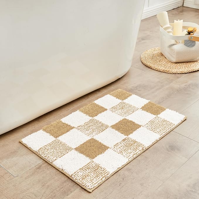 CozeCube Beige Checkered Bath Mat 32"x20" Non Slip Washable Rug | For Bathroom Non Slip, Fluffy Absorbent Microfiber Bath Mats Machine Wash, Stylish Cute Aesthetic Bathroom Rugs