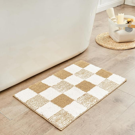 CozeCube Beige Checkered Bath Mat 32"x20" Non Slip Washable Rug | For Bathroom Non Slip, Fluffy Absorbent Microfiber Bath Mats Machine Wash, Stylish Cute Aesthetic Bathroom Rugs