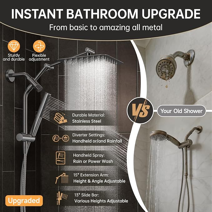 Veken All Metal 10" Luxurious Gray Rain Shower Heads with Handheld Spray | Dual High Pressure Shower Head,Square Detachable Rainfall Showerhead with Extension Arm,Regaderas Para Shower,Ducha Para Baño
