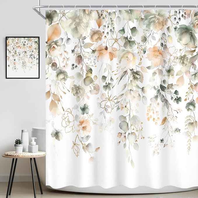 Green Yellow Floral Summer Watercolor Sage Bathroom Shower Curtain Set | 72"W x 72"L Flower Eucalyptus look, waterproof HD printed shower curtain, quick-dry fabric and free hooks.