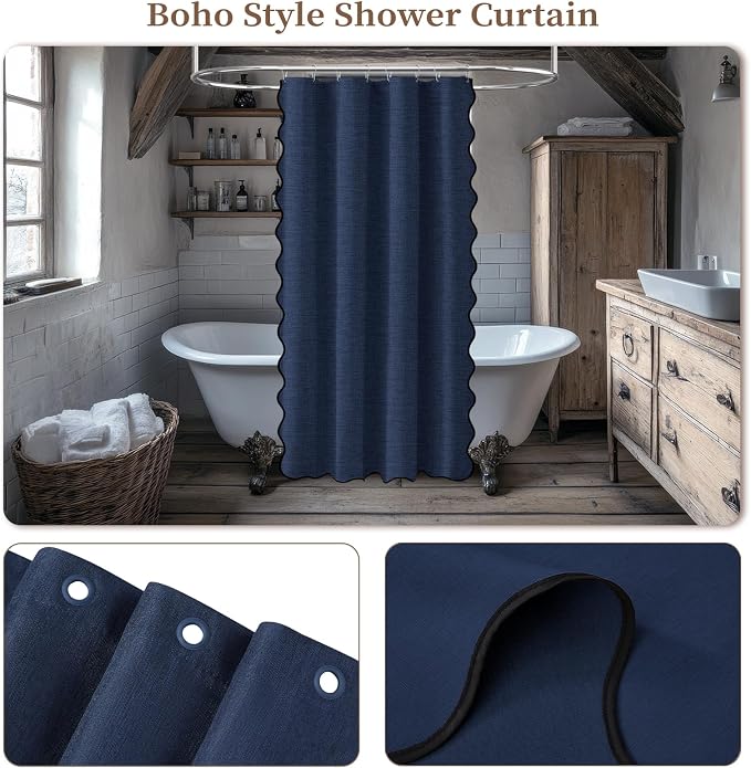 48x72 Boho Scalloped Linen Textured Cloth Shower Curtain, Navy Blue | Stall Size, 230GSM Waterproof Polyester, Heavy Duty Fabric, 8 Plastic Hooks, Elegant Modern Farmhouse Style, Machine Washable