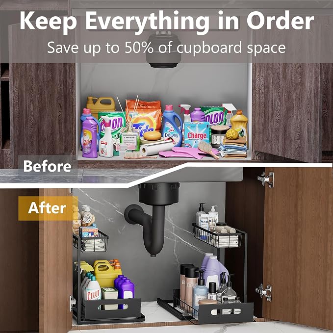 Ceetug Slide Out Under Sink Organizers and Storage, Black, 2 Pack | 2 Tier, Sturdy Metal, Cabinet Organizer, for Kitchen Bathroom