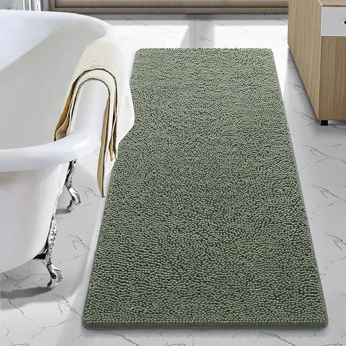 LOCHAS Luxury Bathroom Rug Shaggy Bath Mat 24 x 54 Inch, Sage Green | Washable Non Slip Bath Rugs for Bathroom Shower, Soft Plush Chenille Absorbent Carpets