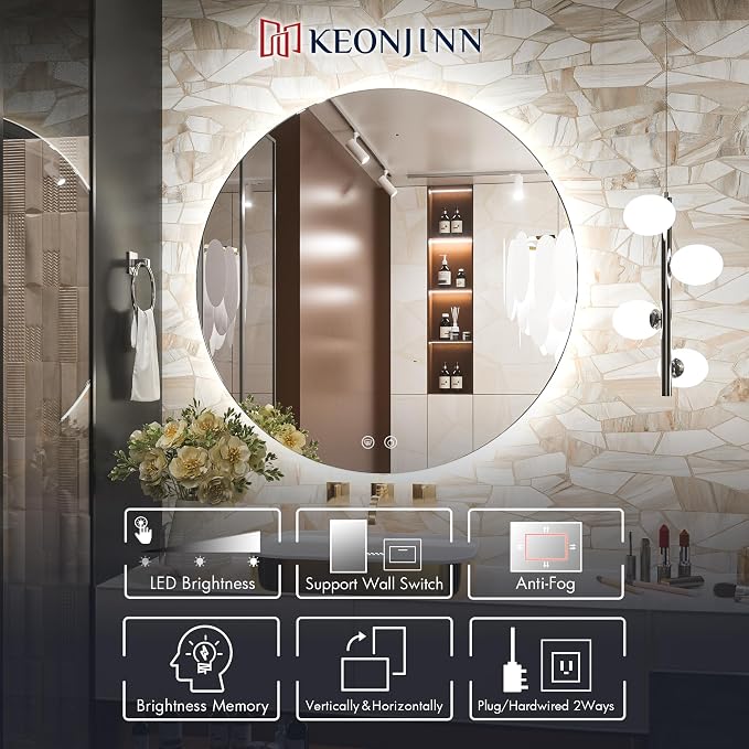 Keonjinn 30 Inch Round Backlit Mirror Bathroom, Safer HD Tempered Glass | 3 Color Lights, Quick Defogging, Dimmable, Memory Function, Hardwired/Plug in, Powder Room, Living Room Lighted Round Mirror