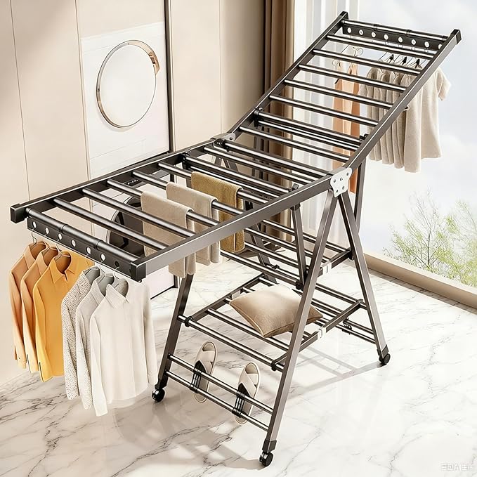 Heavy Duty 3-Tier Clothes Drying Rack with Wheels, Large 5.9ft | Shoe Rack, Foldable Metal Laundry Stand, Portable Collapsible, Clothing Hanger, Indoor Outdoor Use in Laundry Room
