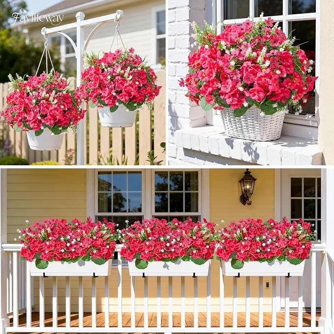 16 Bundles UV Resistant Silk Artificial Outdoor Flowers for Window Box | Mixed Color Realistic Anti-Fade Faux Flowers for Outside Planters,Garden,Porch,Patio,Yard,Home Decor(Hot Pink)