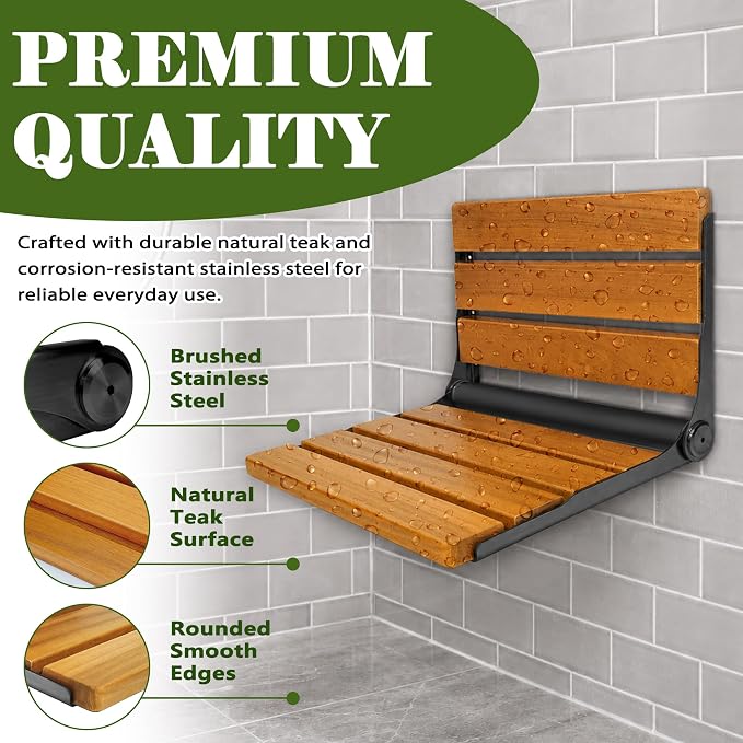 Folding Shower Seat Teak, Folding Shower Seat Wall Mounted, Foldable Shower Chair for Home Care, 450 lbs Capacity (Black-Colored Stainless Steel, 13'' D x 17'' W x 10'' H)