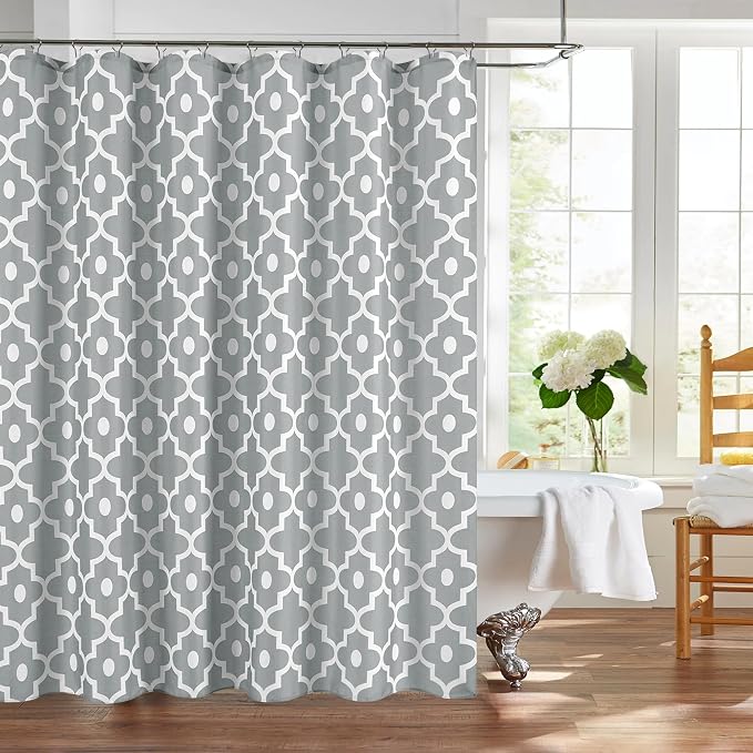 Biscaynebay Extra Long Textured Fabric Shower Curtains 72" W x 84" L, Silver Grey Morocco Pearl Printed Hotel Spa Luxury Decorative Bathroom Curtain Machine Washable