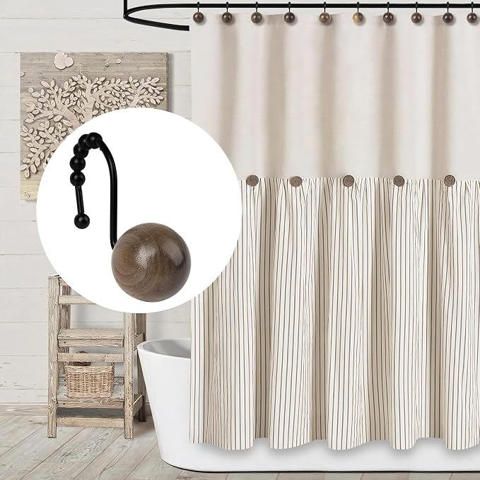 Sunlit Boho Wood Beads Decorative Shower Curtain Hooks, Shower Curtain Rings with Roller Balls, Farmhouse Bathroom Decoration Curtain Hangers Accessories, Set of 12, Walnut Wood