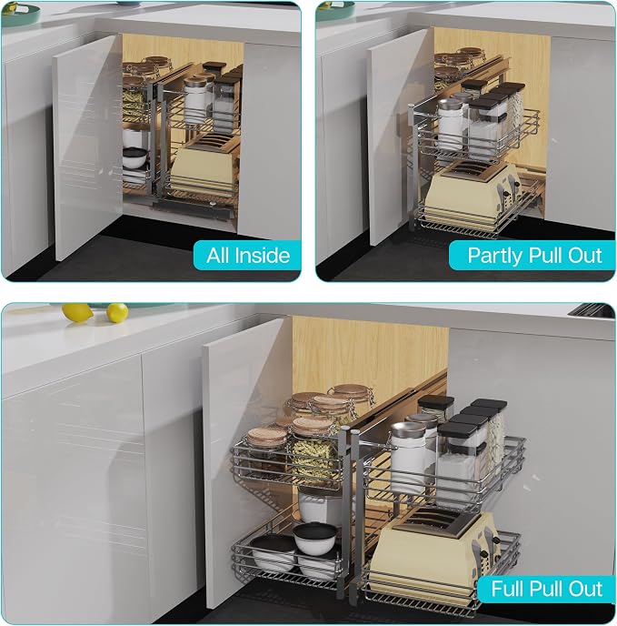 Blind Corner Cabinet Pull Out 2 Tier, Left & Right Blind Corner Cabinet Organizer for 18" W, Cabinet Pull Out 4 Shelves, Chrome, Slide Out Drawers for Kitchen or Bathroom Cabinets