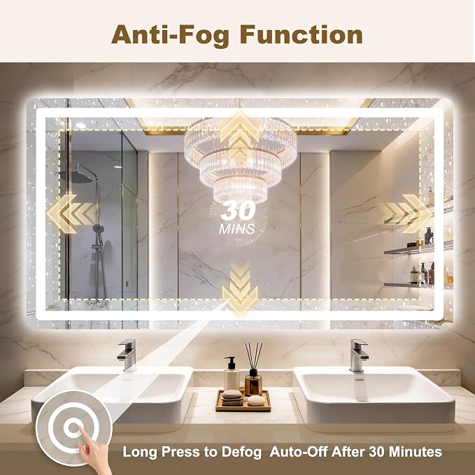 LED Bathroom Mirror with Lights, 30" x 55" Lighted Vanity Mirror | Frontlight+Backlit, 3 Colors Dimmable Brightness, Anti-Fog, Memory Function, Shatterproof Tempered Glass, Horizontal/Vertical