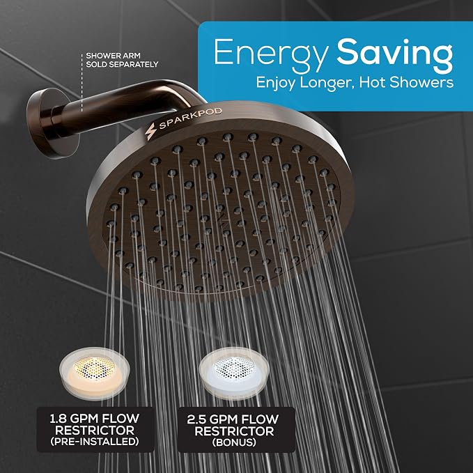 SparkPod Rain Shower Head, 8 Inch Round, Vintage Oil-Rubbed Bronze Finish | High Pressure Shower Heads, 90 Nozzles, Adjustable Showerhead, No Tools Needed, Universal Connection