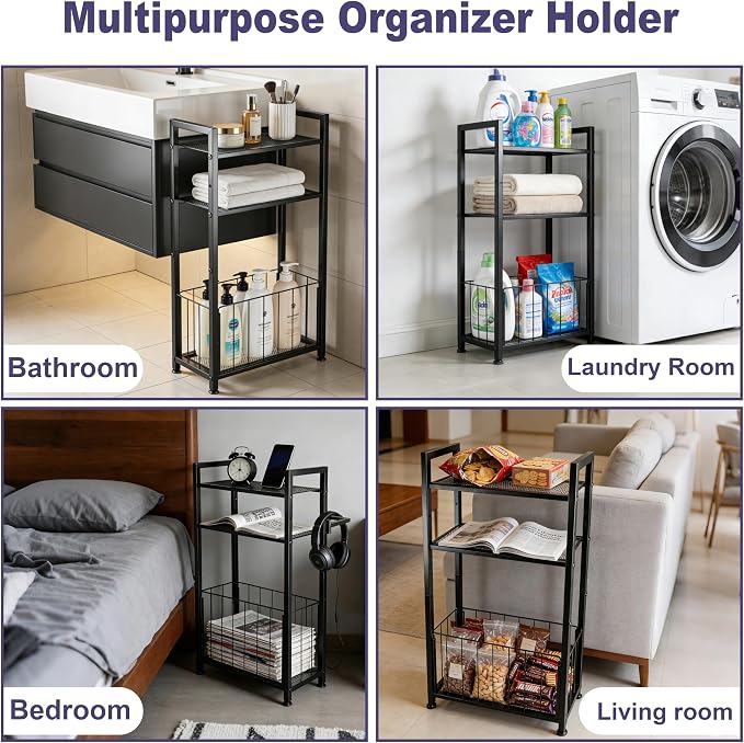 Free Standing Toilet Paper Holder with Shelf, Adjustable Feet Bathroom Toilet Paper Holder Stand for Narrow Space, Roll Dispenser Tissue Holder, Holds Multiple Rolls and Keeps Paper Dry and Clean