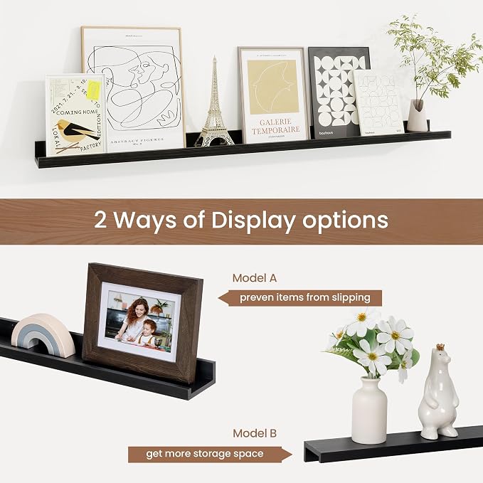 Picture Ledge Shelf, Floating Shelves Set of 2, 40 Inches Solid Wood Nursery Book Shelves for Toys Storage, Kids Bookshelf Wall Mounted for Living Room Bedroom Decor Books Photo Frames, Black