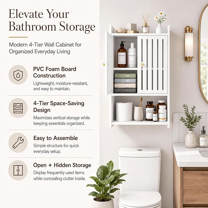 HAYOFAMY 4-Tier Wall Bathroom Storage Cabinet 7.9" D x 15.7" W x 23.6" H | PVC Medicine Cabinet Organizer with Door, for Living Room Kitchen Entryway Small Space